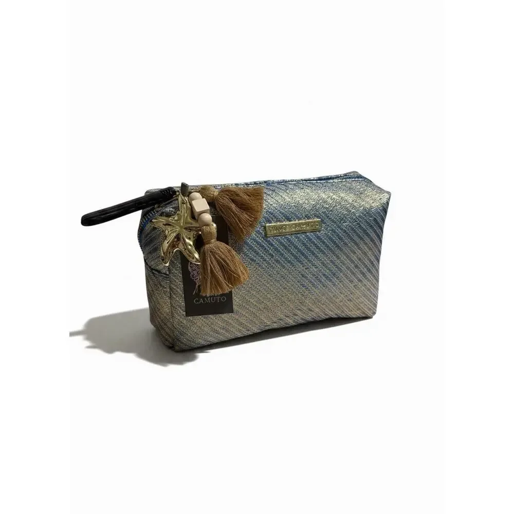 Vince Camuto Blue Gold Makeup Bag with Zipper Closure & Tassel Charm
